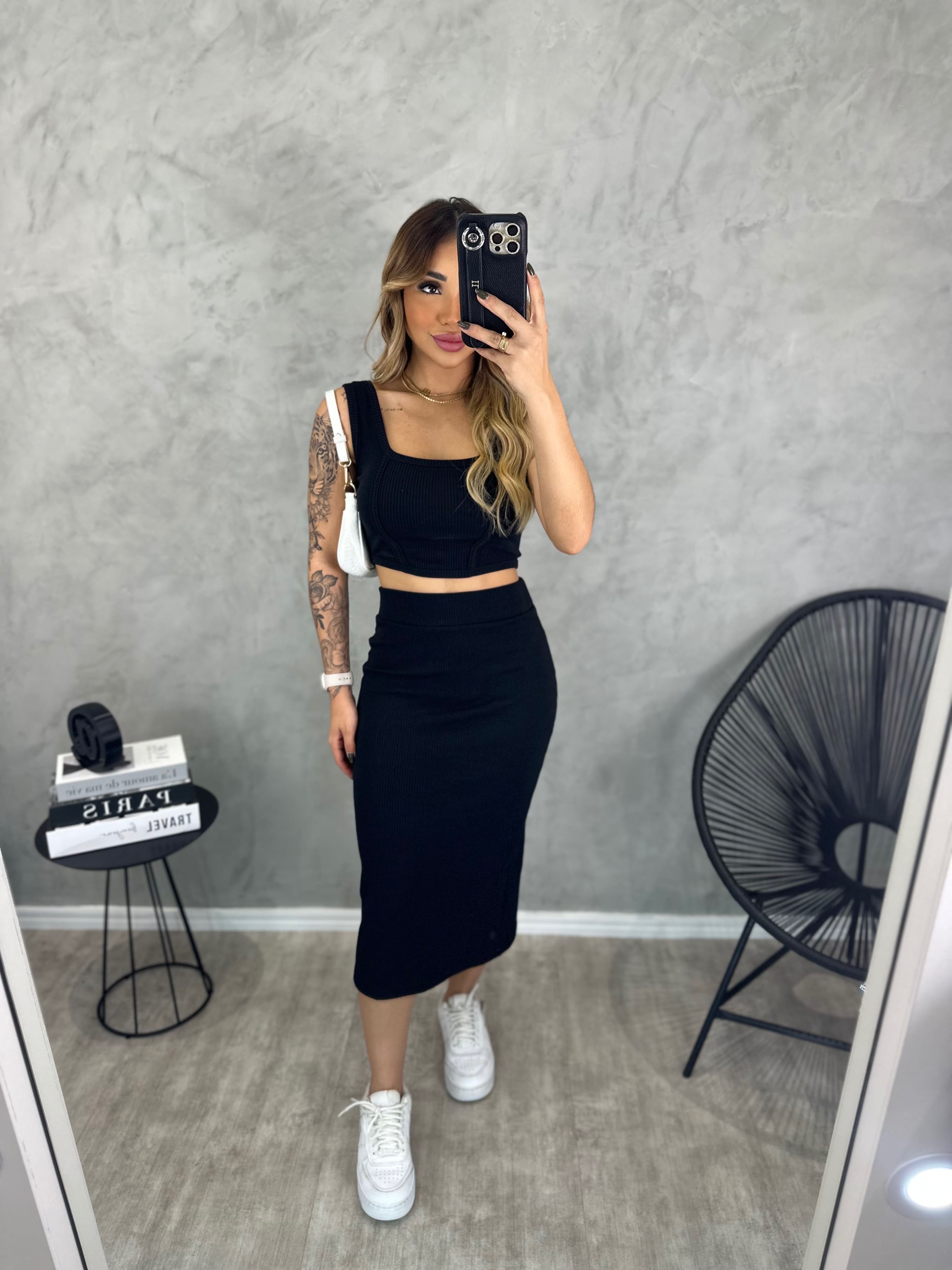 Conjunto Lilly Anarruga Cropped e Saia - CORES